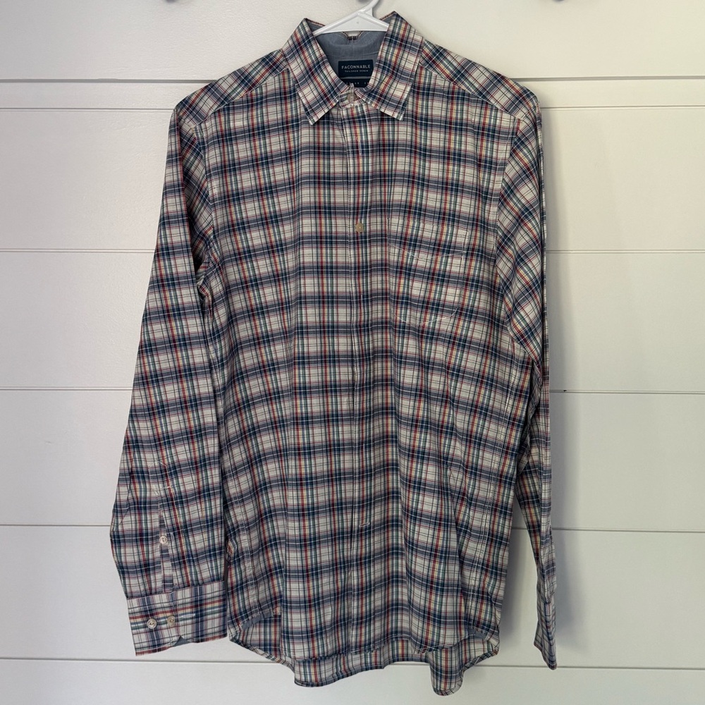 Faconnable Men's Plaid Shirt - Blue and Red, Men’s S
